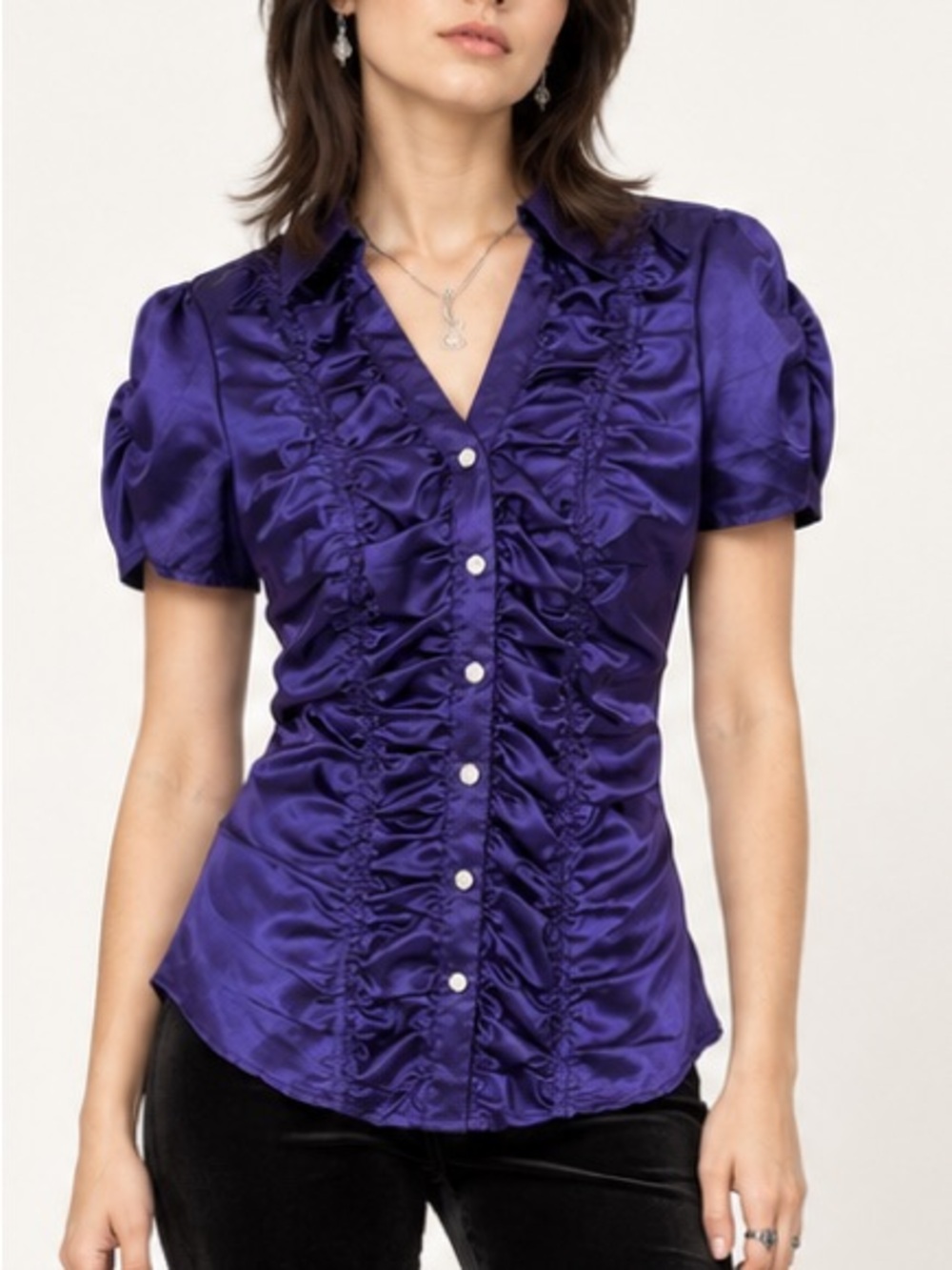 Myth Y2K Purple Satin Ruched Blouse Whimsigoth Rhinestone Button Top Medium